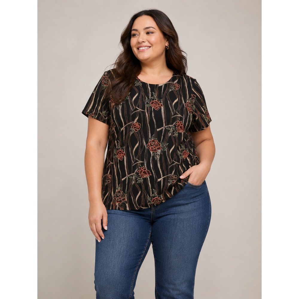 Ess-E Plus Textured Rose Top Vintage Whimsigoth Dark Floral Black Acetate 1X 2X